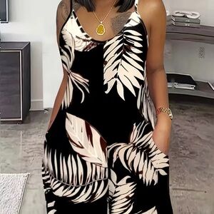 Black and White Leaf Print Jumpsuit